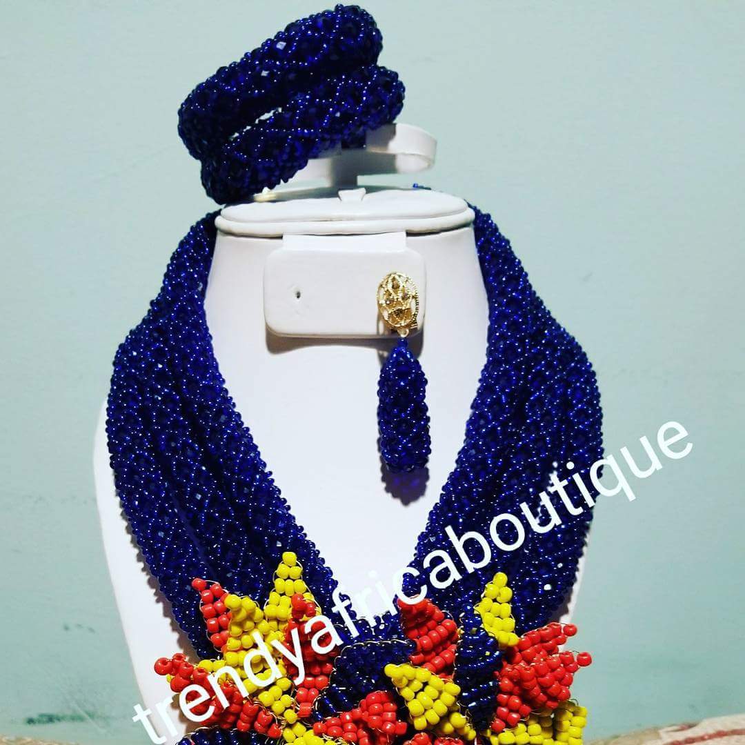 Sale: Royal blue African beaded necklace set with Red/yellow /royal flower broach. Coral-necklace set for Nigerian women