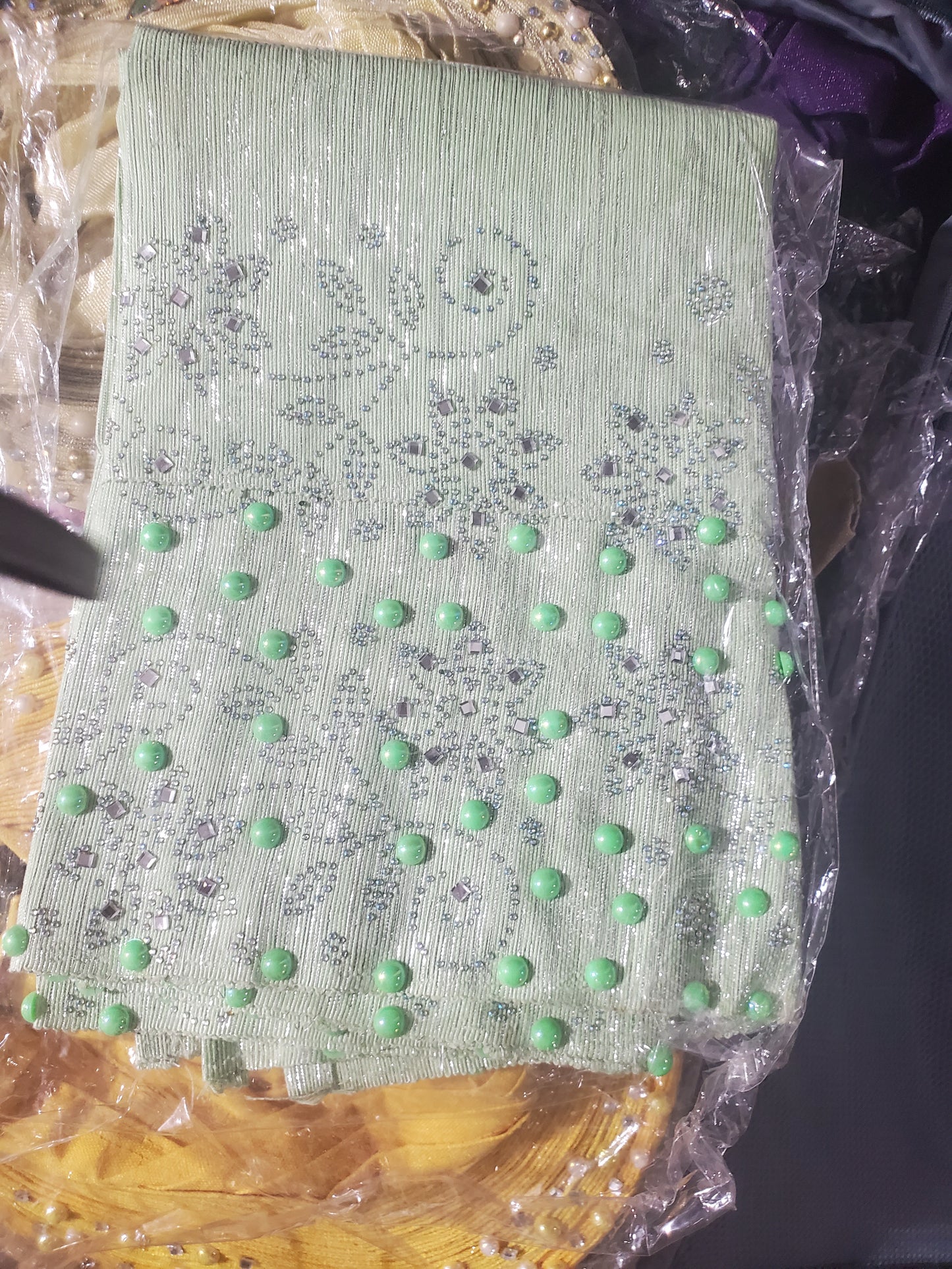 SWEET MInt green Bedazzled aso-oke. Nigerian woven traditional Aso-oke for making  beautiful head wrap. Beaded and Swarovski stones work for perfect headwrap finish. Gele only. Extra wide gele for bigger head wrap. 72" long × 26" wide