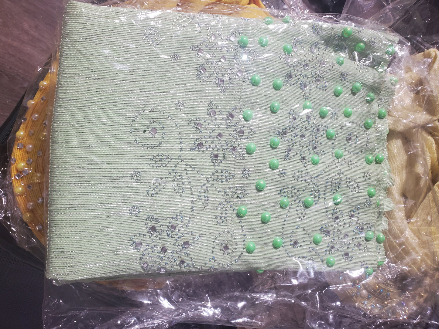 SWEET MInt green Bedazzled aso-oke. Nigerian woven traditional Aso-oke for making  beautiful head wrap. Beaded and Swarovski stones work for perfect headwrap finish. Gele only. Extra wide gele for bigger head wrap. 72" long × 26" wide