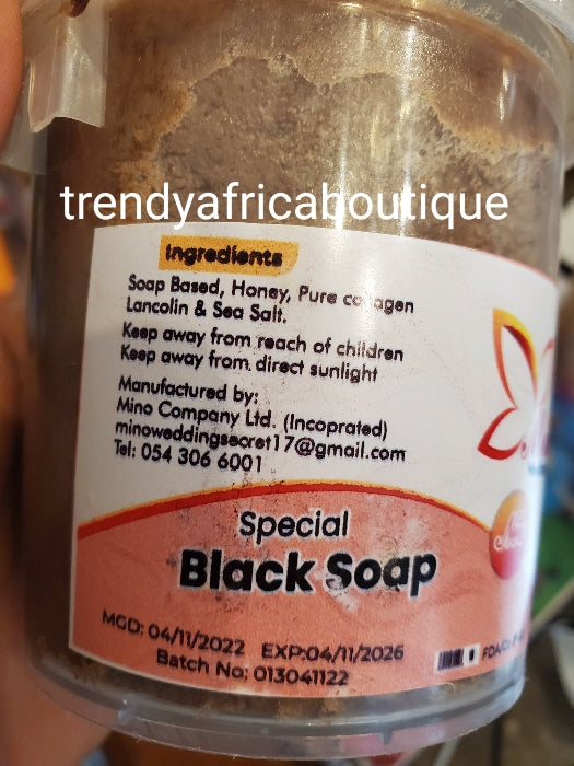 Original mino wedding secret special Black soap 500g jar. Treat skin blemishes such as pimples, sun burm, acnes; Whitens and repair your complexion to a healthy glow. For face and body