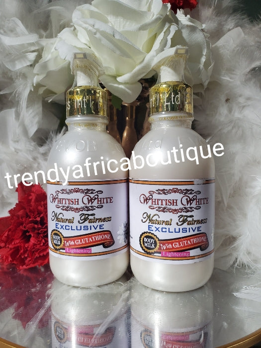 X 2 bottle Original whitish White exclusive Natural fairness body milk 250ml. Amazing lotion formulated with Glutathion, lemon extracts, fades discolorations and lighens evenly without any side effects