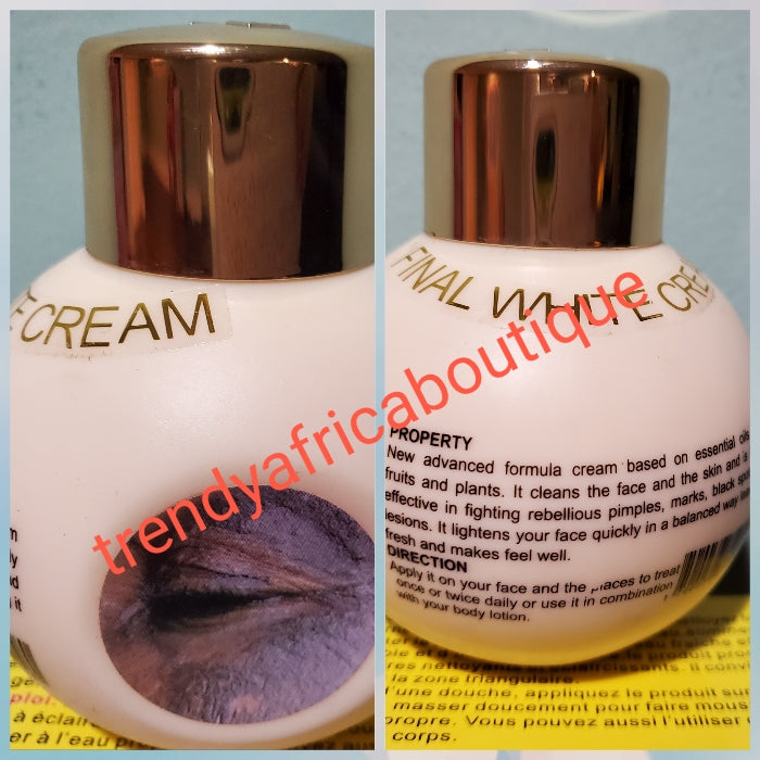 Duo 2 n 1 Original final white face cream; anti ageing, anti Sun burn & under eye circle face cream. 100% satisfaction 100g x 1, & 1 final white tube cream. Made with essential oil and fruits acid.