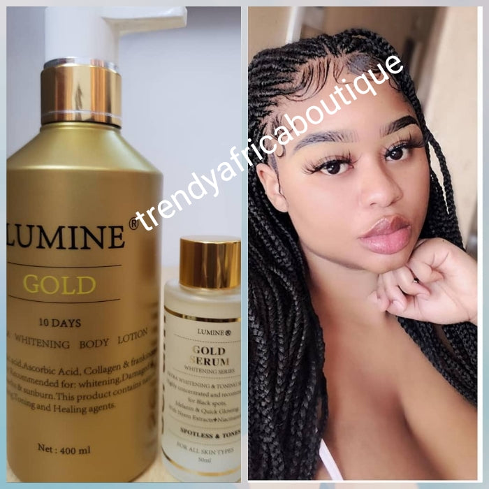 2pcs set: Lumine gold face and body lotion 400ml and one serum 50ml. Extra  whitening with collagen, kojic acid. Tones and heal your skin with  Spf 50. Firming and glowing