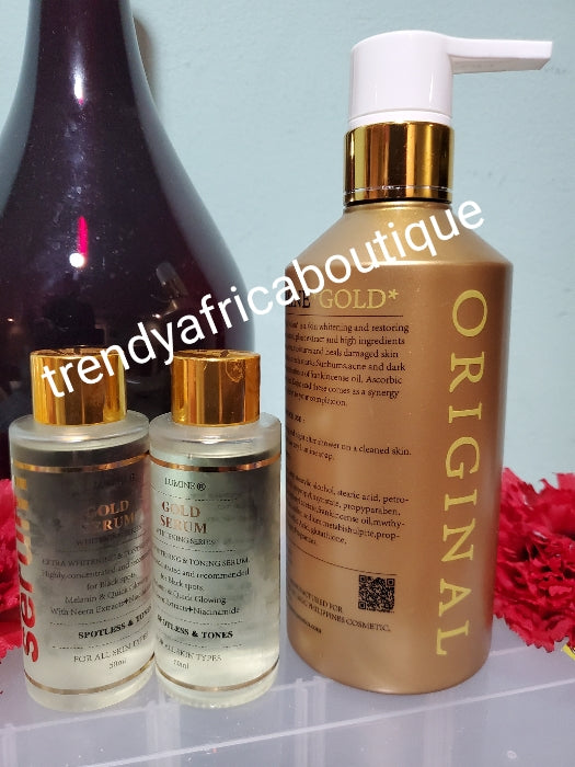 Sale: 2 bottle of lumine gold face and body lotion PLUS ONE serum 50ml. Extra  whitening with collagen, kojic acid. Tones and heal your skin with  Spf 50. Firming and glowing 👌