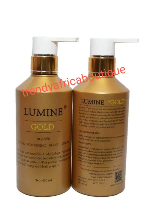 2pcs set: Lumine gold face and body lotion 400ml and one serum 50ml. Extra  whitening with collagen, kojic acid. Tones and heal your skin with  Spf 50. Firming and glowing
