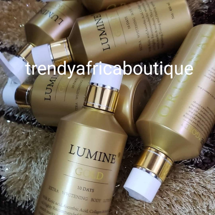 3pcs set: Lumine gold face and body lotion 400ml, serum and soap. Extra  whitening with collagen, kojic acid. Tones and heal your skin with  Spf 50. Firming and glowing