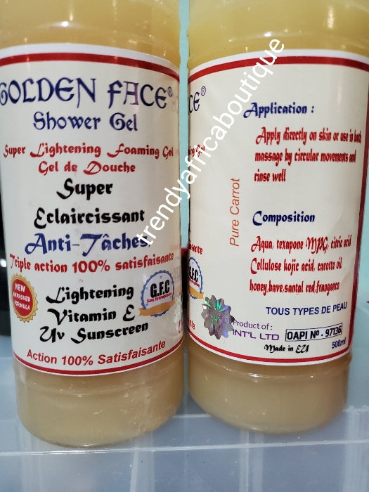 x1 Golden face shower gel. And 2 golden face bar soap.Super ecclaircissant anti stains.. triple action satisfaction. New and improved formula.