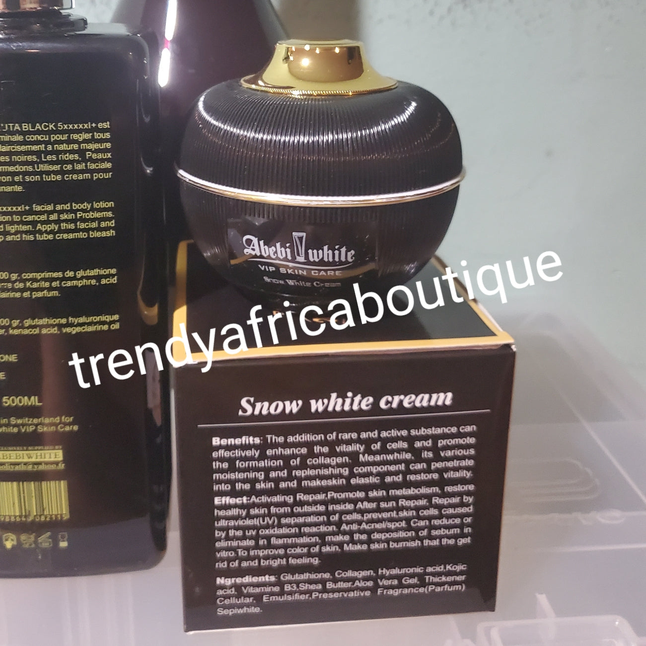 3pcs. set Latest Abebi white Gluta Black 5xxxxx + Snow white face and body lotion 500ml, Whitening Nigerian BLACK SOAPace cream, & exfoliating soap. 💯  satisfaction