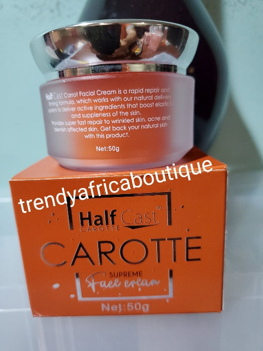 2pcs:Half cast carrot supreme lightening face cleanser & Half cast carotte supreme Restoring and glowing face cream, anti-wrinkle, anti spots. Vitamins E, carotte oil and kojic acid. 50g jar