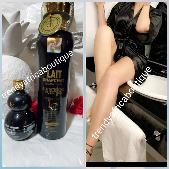 4pcs set: Lait Snapchat Black diamond body Lotion 500ml,  soap 200g,Snap chat serum & face cream Beauty without filter. Extra Strong whitening milk with glutathion injection