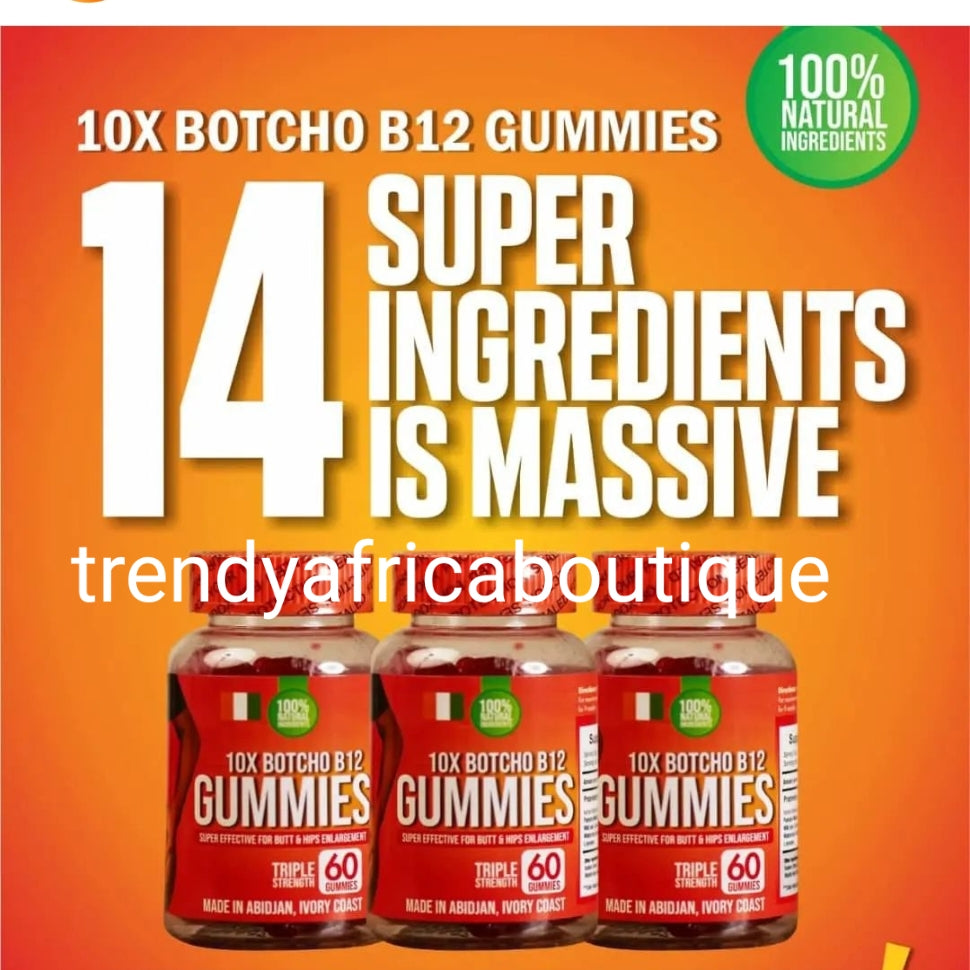 BACK IN STOCK IN BIGGER BOTTLE; 10x Botcho B12 Gummies Super effective for butt & hips enlargement. Triple Strength, 90 Gummies per bottle! Made from Natural root. 3 months supply