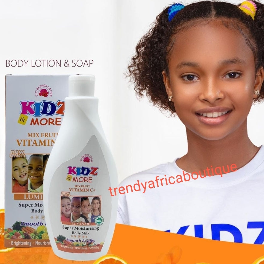 2pcs. Kids & more moisturizing, brightening and nourishing body lotion with mix fruits & vitamin C. Almond oil, coconut oil. 400mlx1 & one soap. For all skin type!!