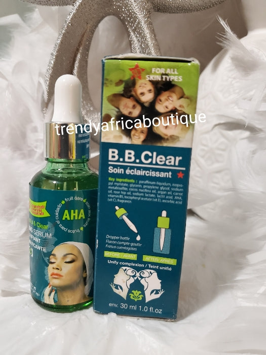 2pcs B.B. Clear AHA Unifying Serum/oil & BB CLEAR face cream. Super effective. Vit. C. Tough on removing Sturborn black spots from elbows, knees, inner thighs, armpits  with exfoliating efficiency of fruity acids 30mlx1.