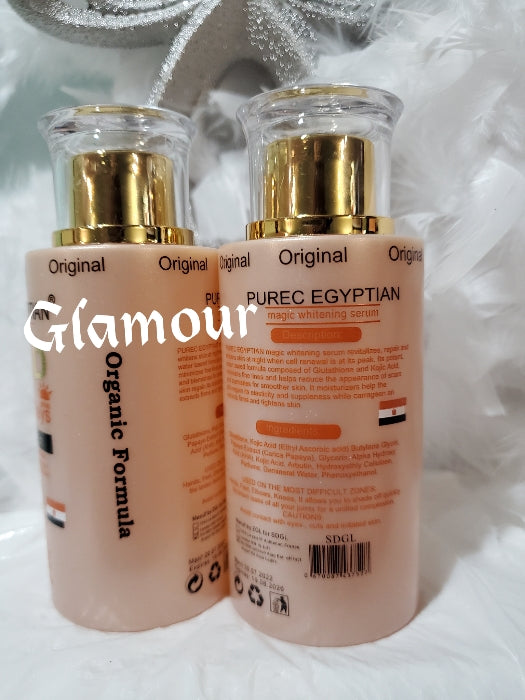 4pcs. Set NEW ORIGINAL Purec Egyptian Whitening Lotion, Purec ORGANIC FORMULAR serum 120ml,  face cream and exfoliating shower gel L-Glutathion, Tumeric, AHA, KOJIC