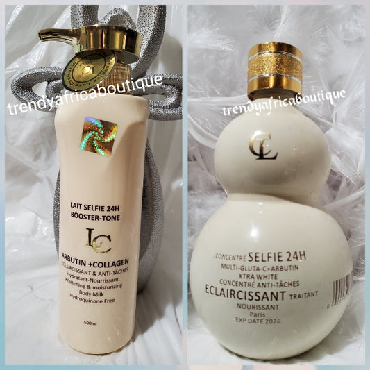 2pcs set of Lait selfie 24h booster tone body lotion 500ml, & serum 100ml. Achieve uniform stainless and natural whitening skin glow with modern whitening natural ingredients.  Glutathion, Arbutin + collagen.  100% satisfaction