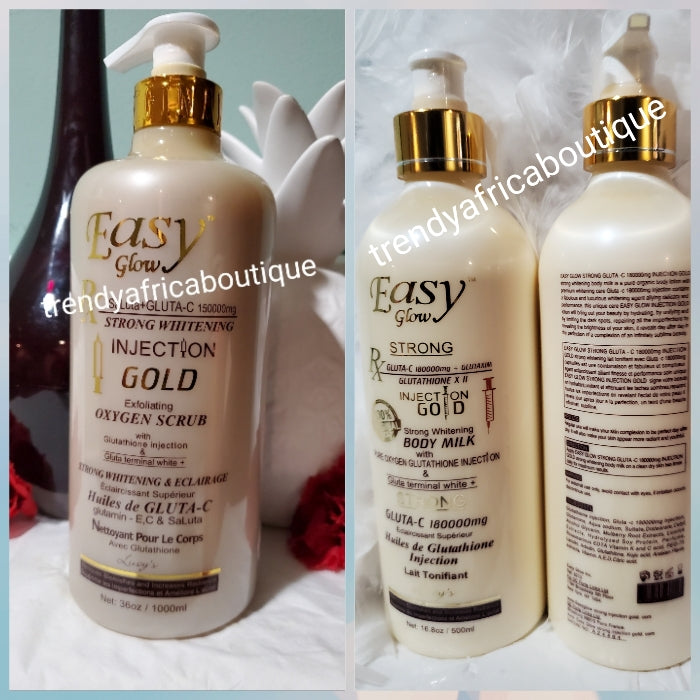 4pcs. Combo sale: Easy Glow strong whitening body lotion 500ml, shower gel 1000ml. Serum 100ml, face cream 50g. Gluta C 180000mg Fast action