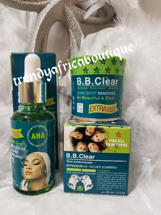 2pcs B.B. Clear AHA Unifying Serum/oil & BB CLEAR face cream. Super effective. Vit. C. Tough on removing Sturborn black spots from elbows, knees, inner thighs, armpits  with exfoliating efficiency of fruity acids 30mlx1.