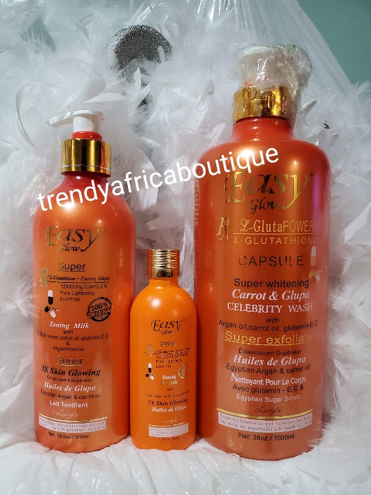 4pcs combo:  Authentic Easy Glow strong lightening, glowing body lotion, shower gel, serum, & the face cream with L-Glutathion capsule and carrot extracts 3x skin glowing body. 💯 Authentic