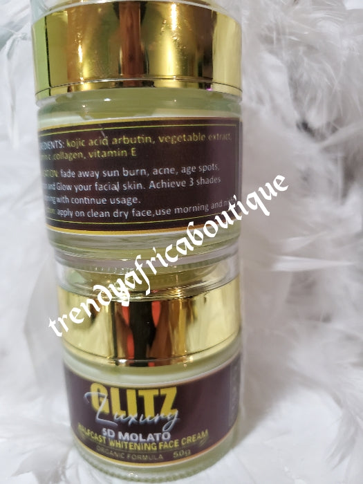 Layer your facial care routine wit this 2pcs PERFECT  BANGA!! GLITZLUXURY Duo face cream care: 5D Molato Halfcast whitening face cream & Glitzluxury 99% vitamin C + collagen serum. 💯 satisfaction!!