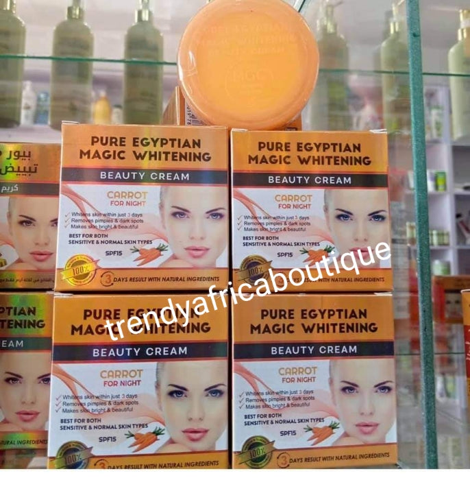 Pure egyptian magic whitening beauty face cream. Formulated with carrot extracts for night time only.  3 days action anti spots, pimples and sun burns. 20g