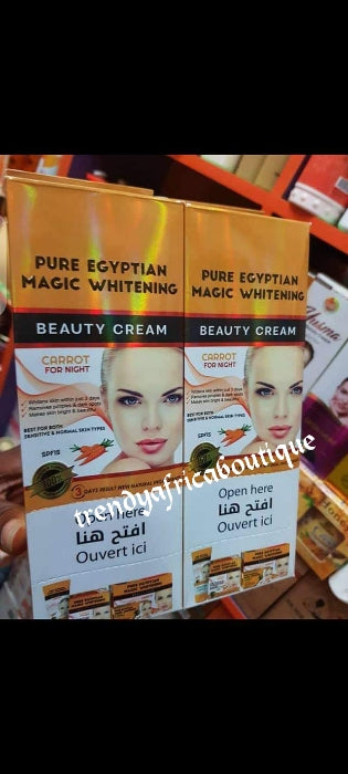 Pure egyptian magic whitening beauty face cream. Formulated with carrot extracts for night time only.  3 days action anti spots, pimples and sun burns. 20g