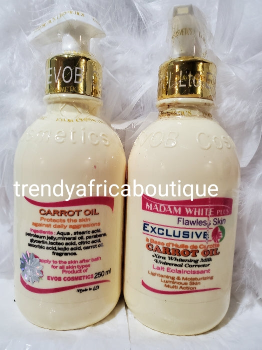 Madam white plus, flawless skin exclusive. Xtra whitening milk with carrots oil for all skin type. Universal corrector, brightening  Body Lotion 250m x 1,