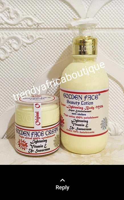 Combo set:  Original Golden face body milk 250ml,  triple action whitening face cream. Fades dark spot, acne, pimples and the 60ml golden face whitening serum. For all skin type. Use day and night.