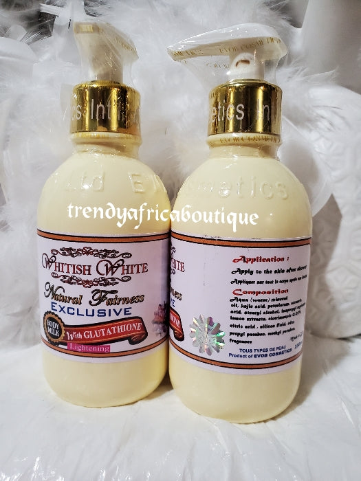 X 2 bottle Original whitish White exclusive Natural fairness body milk 250ml. Amazing lotion formulated with Glutathion, lemon extracts, fades discolorations and lighens evenly without any side effects