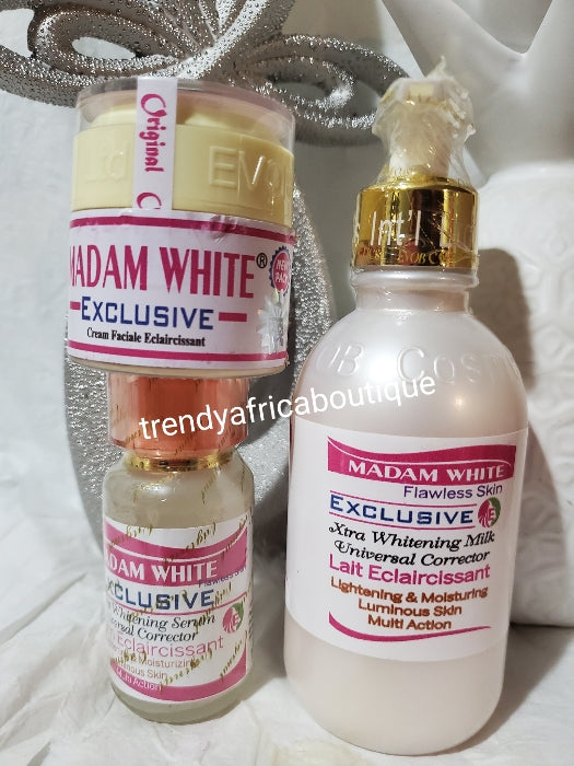 3pcs set: Madam white Exclusive flawless skin set; universal corrector. Anti black spots & whitening,  Body Lotion 250ml, serum 60ml & face cream 60g.