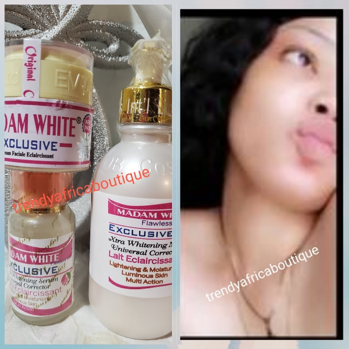 3pcs set: Madam white Exclusive flawless skin set; universal corrector. Anti black spots & whitening,  Body Lotion 250ml, serum 60ml & face cream 60g.