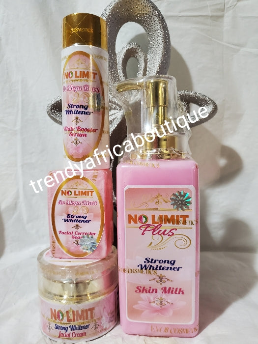 4pc. Combo NO LIMIT Plus  body lotion and NO LIMIT strong facial whitening face cream, soap & Serum. Soften and moisturize. 100% response on darks spots, pimples and acne. 7 days Action