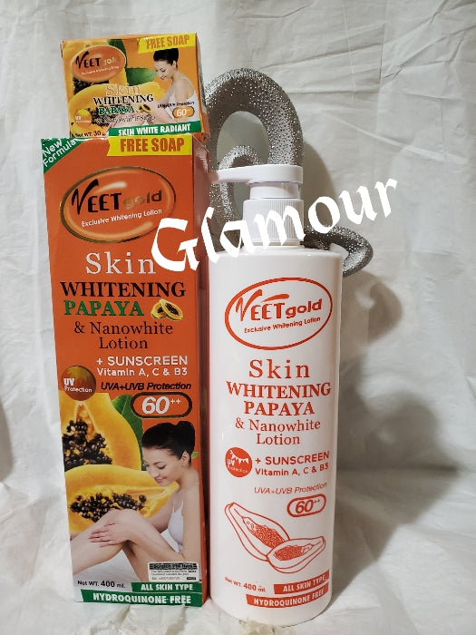 Veet gold exclusive whitening body lotion, papaya & nano white with free soap. Body lotion 400ml x1. HYDROQUINOUN FREE