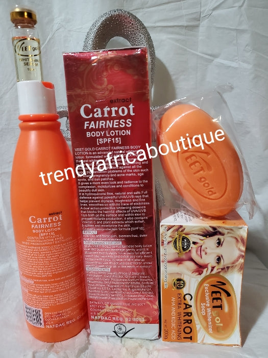 Combo sale: Veet gold Carrot extracts whitening & firming body lotion 500ml + veet gold carrot exclusive whitenizer AHA and kojic acid