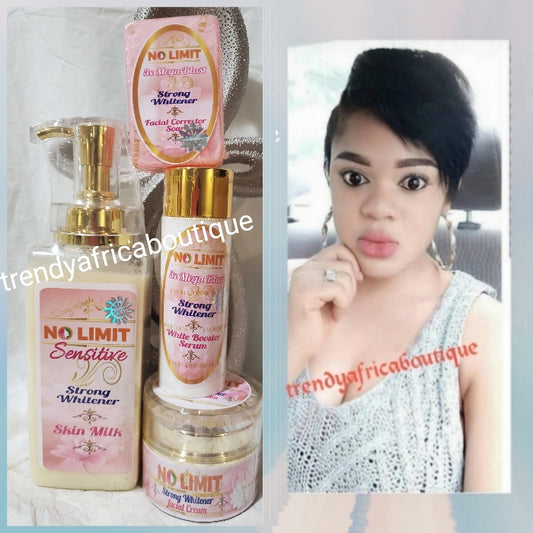 4pc combo: NO LIMIT sensitive lotion, New Strong 3x mega blast serum, face soap and 75g face cream jar. 100% response on darks spots, pimples and acne. 7 days Action.