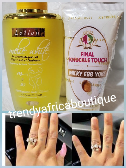 Unique combo: Melie White Super whitening Exfoliating Lotion (cleanser) Plus Evob final knuckle touch milky egg yolk; Strong dark spots, black knuckles, elbows, knees  eraser, soften and clears dark spots fast. 100% satisfaction. DO NOT USE ON FACE!!!!