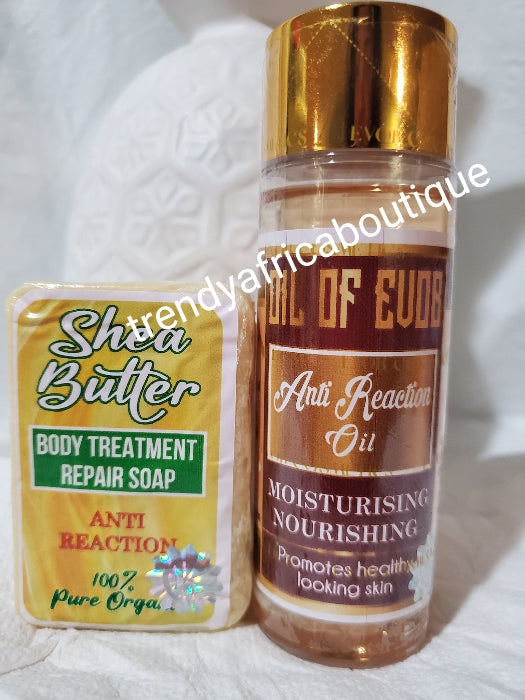 2 in 1 set; evob Shea butter body treatment repair soap + Oil of EVOB. Anti reaction oil for all skin types. Super nourishing, moisturizes & promotes healthy looking skin. 100mlx1