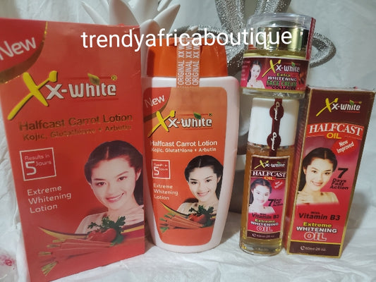 3pcs set of XX- white Halfcast carrot body lotion, oil & face cream 5 days action. vitamin B3, glutathion, Albutin,glutathione. Extra whitening set