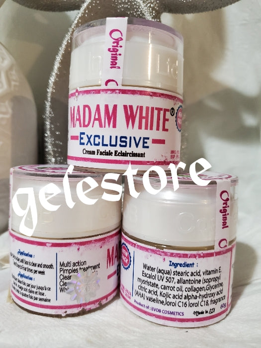 X 3 Gläser Großhandel Original Madam White Exklusive aufhellende Gesichtscreme für empfindliche Haut. Neues Paket. 60g Multi-Action: Pickel- und Aknebehandlung