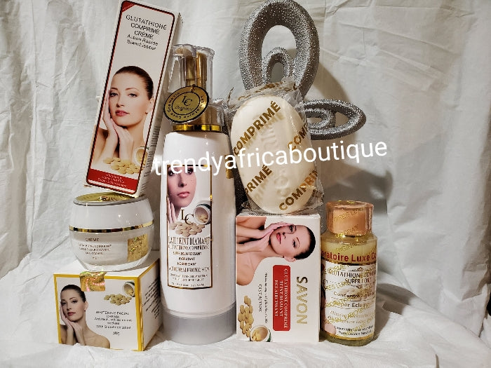 5 combo set:  Original lait teint Diamant glutathion comprime whitening set: body lotion 500ml, face cream 30g, soap, serum & tube cream. Formulated with glutathion tablet, alpha arbutin, Vitamin C to give you that natural whitening glow