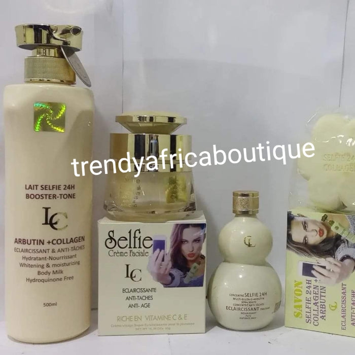 4pcs set of Lait selfie 24h booster tone body lotion 500ml, soap,serum & face cream. Achieve uniform stainless and natural whitening skin glow with modern whitening natural ingredients.  Glutathion, Arbutin + collagen.  100% satisfaction