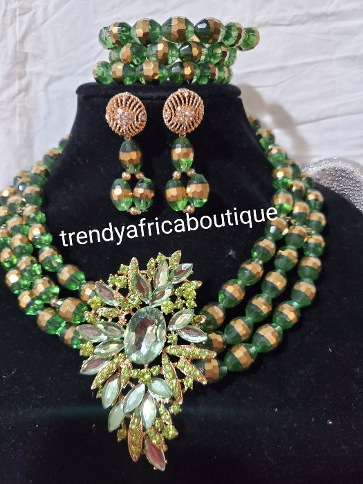 3 rows choker beaded-necklace,  Earrings,& bracelets. Sold as a set. Bridal wedding accessories Green/gold accessories