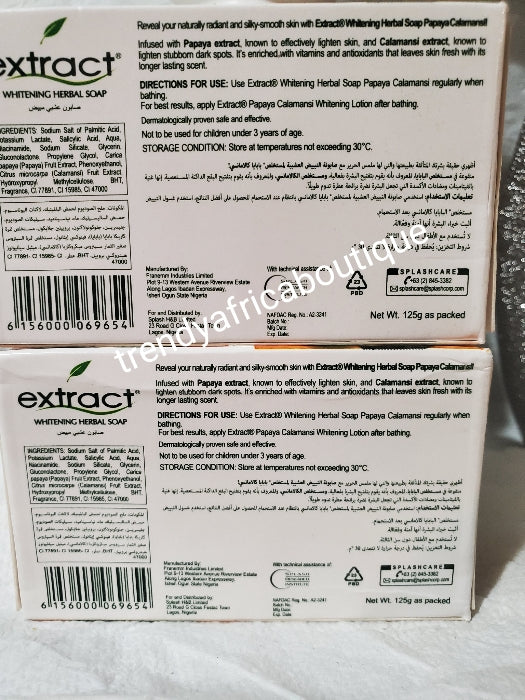 X 2  soap Nigeria EXTRACT SOAP for TOUGHER SKIN. 100% Original Extract whitening herbal soap with papaya Calamansi. Super glowing/clears pimples and sun burn. For mild to sensitive skin.  We also have extracts body lotion. Price is for one