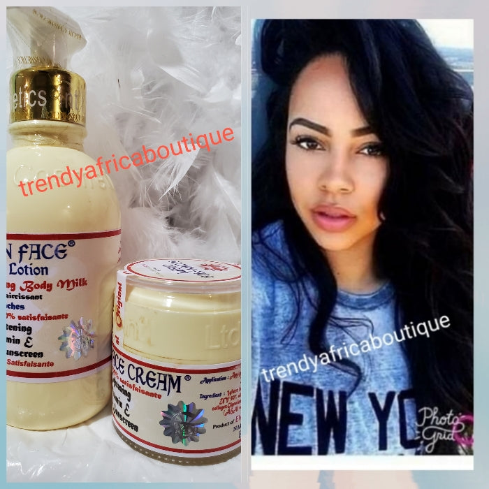 Combo set:  Original Golden face body milk 250ml,  triple action whitening face cream. Fades dark spot, acne, pimples and the 60ml golden face whitening serum. For all skin type. Use day and night.