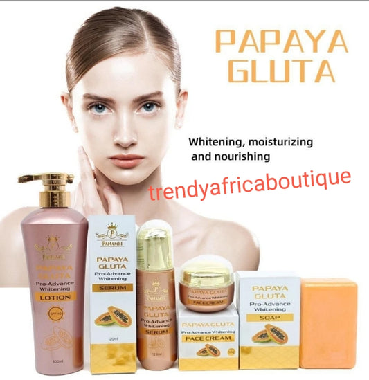 Papaya Gluta pro-advance whitening body lotion, serum, face cream and exfoliating soap. Spf 40.  Super anti ageing whitening set