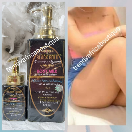 2pc Black Gold prestige set: Body milk 10X Whitenizer Xtreme intense whitening vitamins: lotion 550ml, serum 120ml, soften, Unify and illuminate your complexion