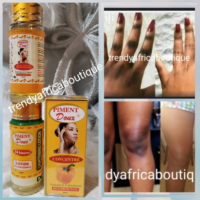 Perfect knuckles combo: 3in1set: Piment doux lightening serum, cleanser, & oil. effectively clears hyperpigmentations areas like knuckles, knees etc 60ml per bottle each.