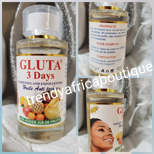 Another banga. GLUTA 3 DAYS LIGHTENING & exfoliating concentrated oil anti taches For all skin type. Use directlyir add to body lotion. 100mlx1