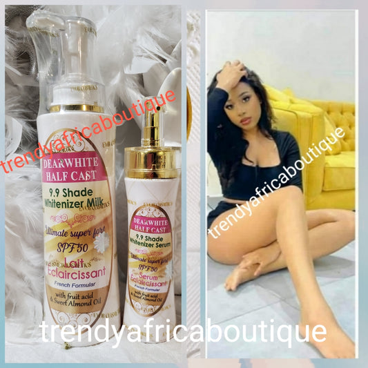 New product alert from Evob COSTMETICS: 2pcs set  Dear White Half cast whitenizer body milk super strong 500ml; half cast ultimate strong Serum/oil 100ml.For Tougher SKIN TYPE! Wholesale available upon request