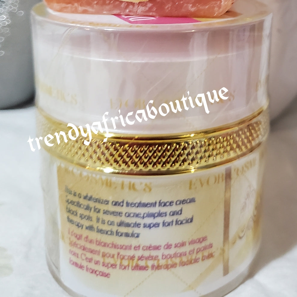 2pcs: Face cream + soap. New Jar Evob COSTMETICS: Dear White Half cast whitening facial therapy!! Effective Face cream to clear blemises, 75g jar and 135g saop Formulated with french formula