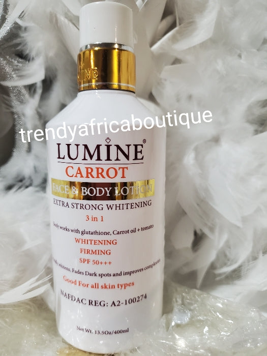 Lumine Carrot face and body lotion 400ml. Extra strong whitening 3 in 1 with glutathione, carrot extracts + tomato. Spf 50. Firming and glowing